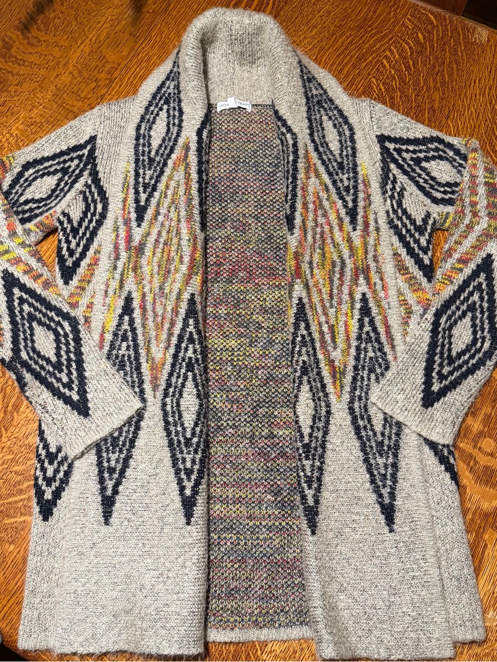 Woven Heart Open Front Cardigan Sweater - Gray with Navy & Multicolor Accents